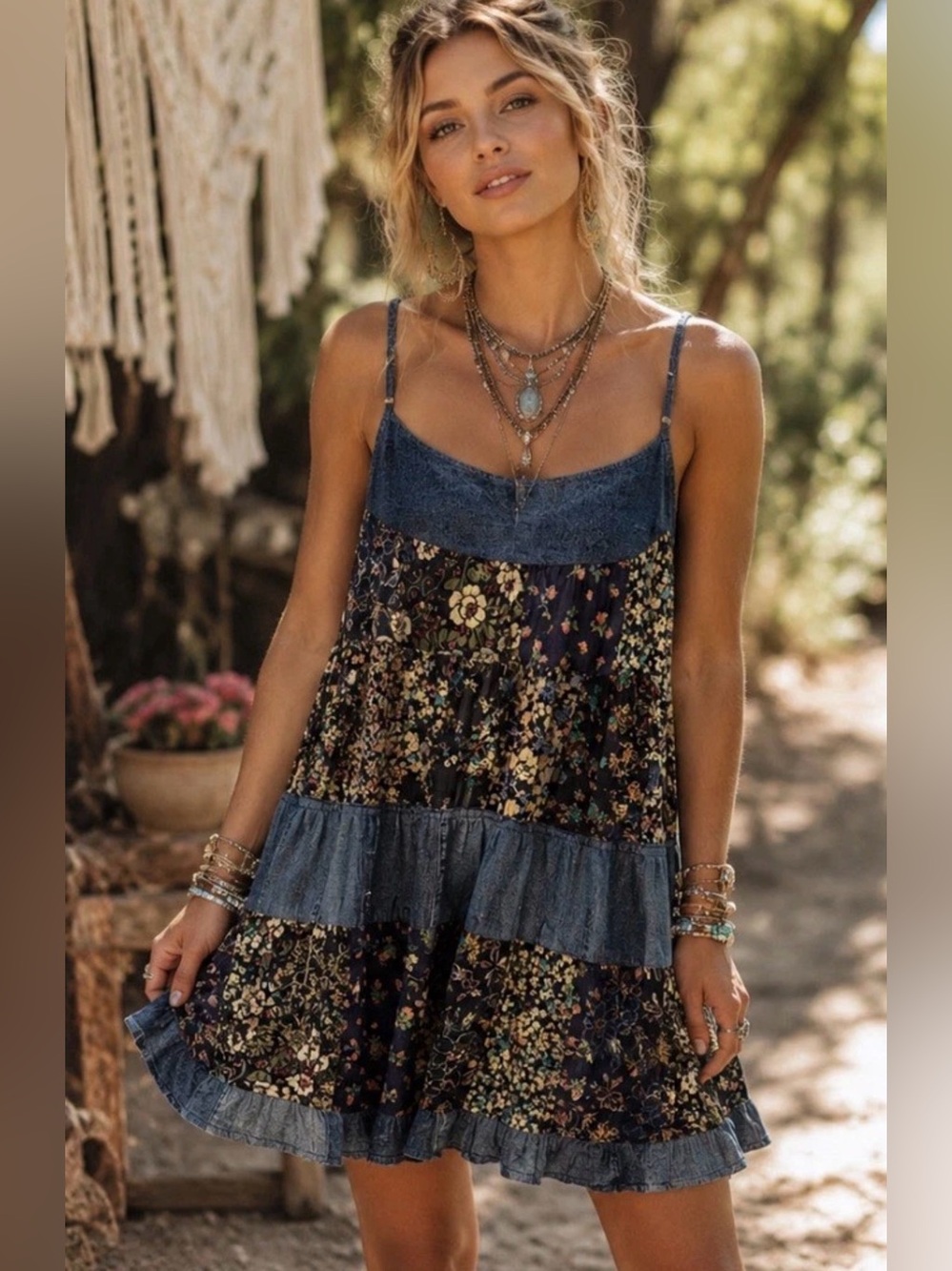 H066 NWT Young threads XL pp22 Floral Tiered Denim-Trim Mini Dress - Navy Floral